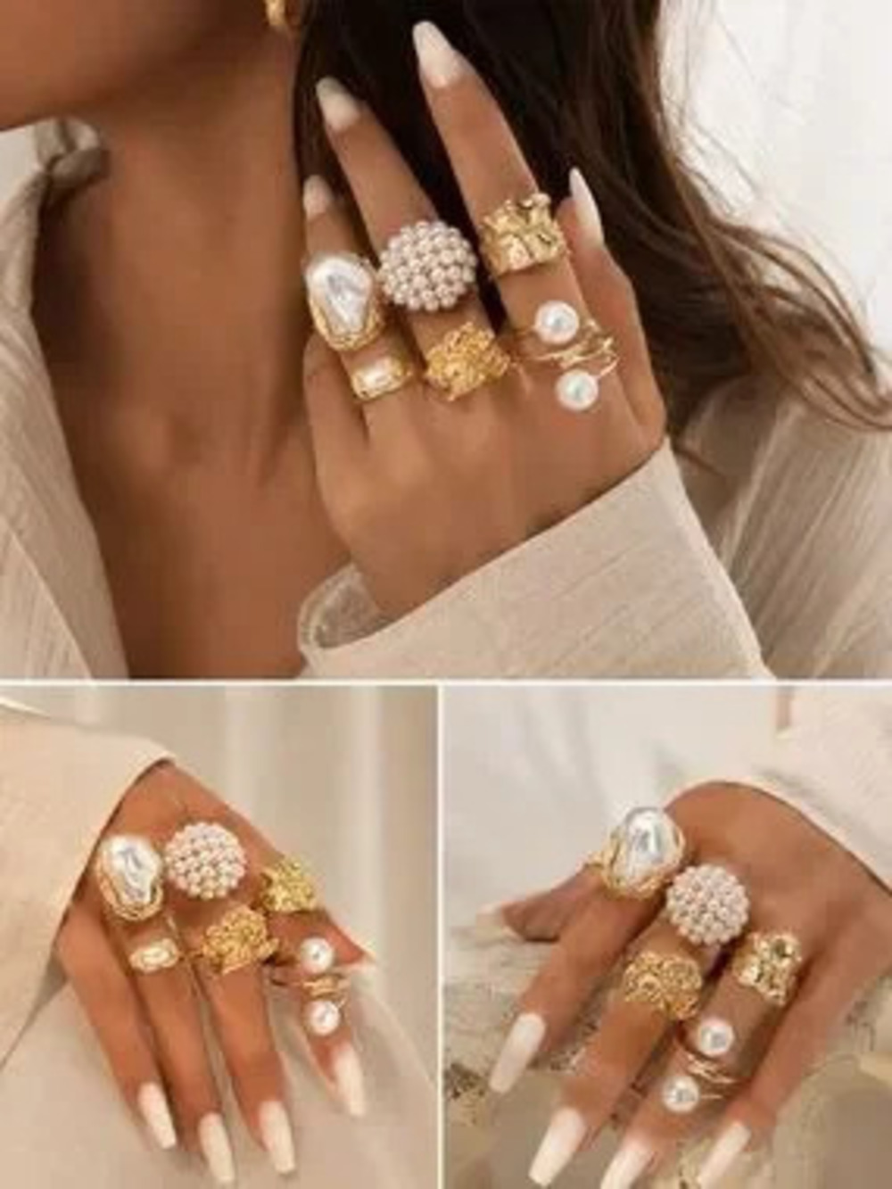 Coastal Luxe Gold Pearl Sculptural Ring Set